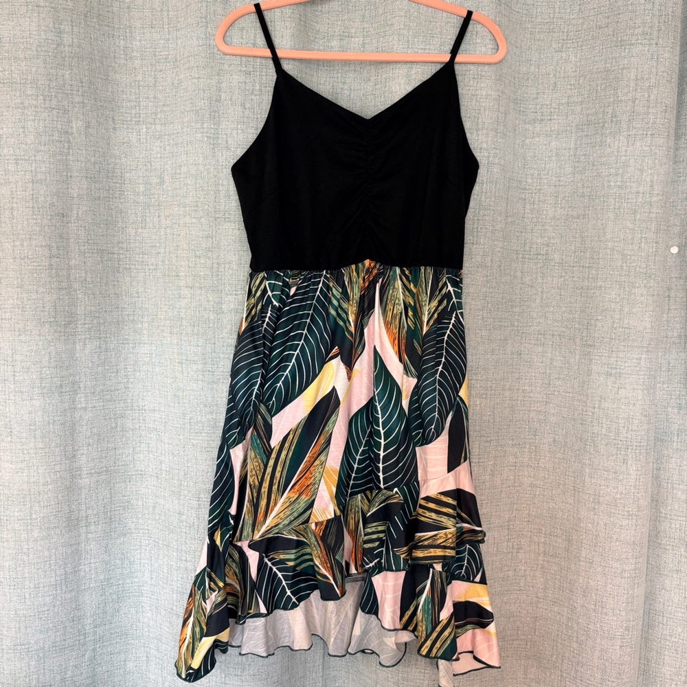 Tropical Leaf Print Spaghetti Strap Dress Ruffle Hem